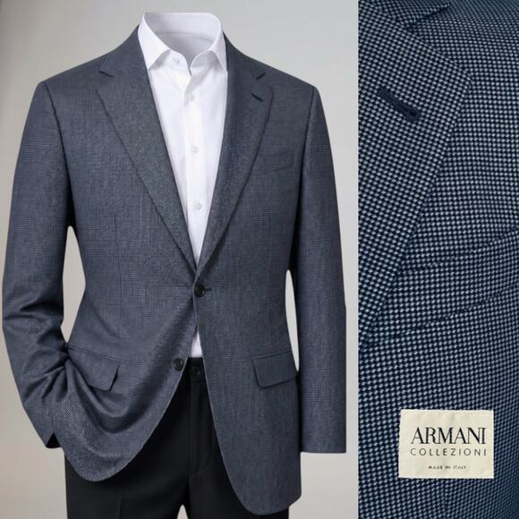Armani Collezioni Other - Armani Collezioni 42R Navy Blue & Cream Micro-Houndstooth Designer Blazer Italy